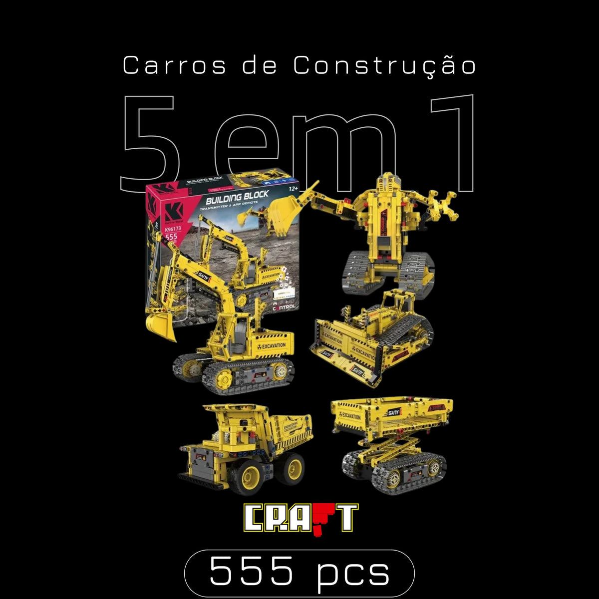 5 Carros de Construção Motorizados em 1 (555 peças)